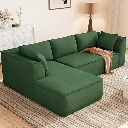 Vesgantti 106" Cloud Couch Sectional Modular Sofa, Deep Seat Comfy Cloud Couch Chenille Memory Foam Sofa Modular Couches for Living Room Bedroom, No Assembly Required (Green, Left-Facing Chaise)