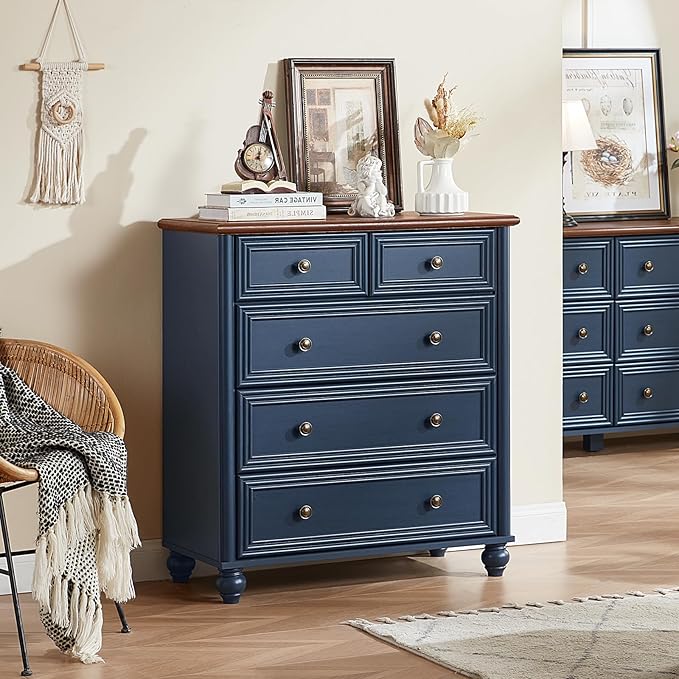 Farmhouse 5 Drawer Dresser for Bedroom Set of 2, 35.5" Tall Small Dressers & Chest of Drawers, Rustic Wood Dresser with Roman Column, Storage Organizer for Living Room, Hallway, Closet (Blue)