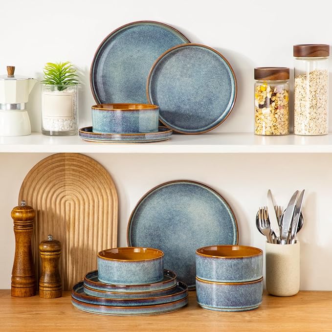 vancasso ONION Ceramic Plates and Bowls Sets, 12 Pieces Blue Dinnerware Sets for Kitchen, Reactive Glaze Dishes Set for 4, Dishwasher and Microwave Safe