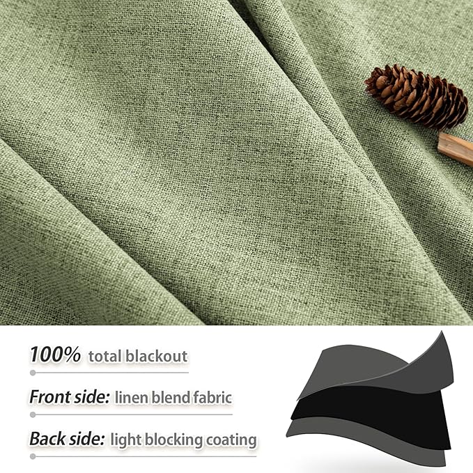 100% Blackout Room Darkening 120 inch Curtains for Bedroom, Faux Linen Dual Rod Pockets & Hook Belt Light Blocking Noise Dampening Window Treatments for Living Room, Sage Green, W52 x L120, 2 Panels