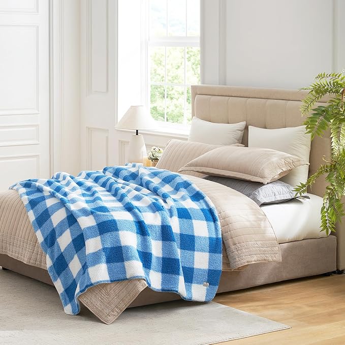 Cozy Bliss Ultra Soft Reversible Double Sherpa Sided Blanket, Buffalo Plaid Throw Blanket Fluffy Thick Warm Plush Fuzzy Blanket for Couch, Bed and Gifts (Light Blue, 60" x 80")