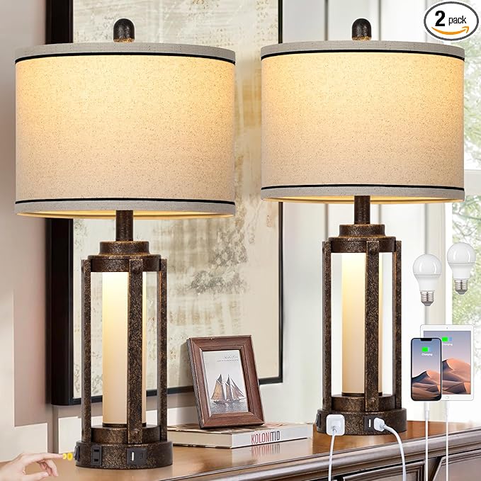 Farmhouse Lamps with USB A+C Charging Ports & AC Outlet, Rustic Vintage Industrial Table Lamps Metal Lamp with Glass LED Night Light & Beige Fabric Shade for Living Room Bedrooms Nightstand Bronze