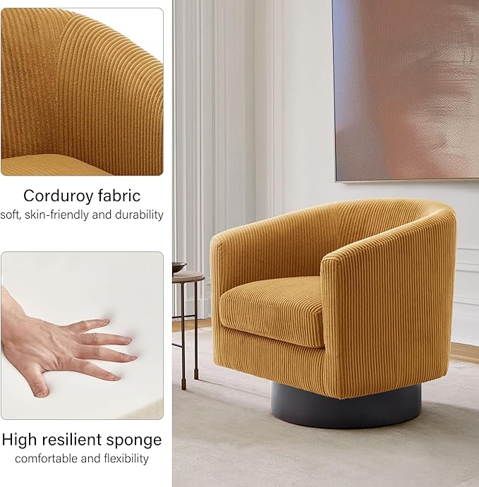 Swivel Barrel Accent Chair, Modern Round Corduroy Fabric Arm Chair for Living Room, Bedroom, Comfy Club Reading Chairs for Adults (Corduroy Orange, Set of 1)