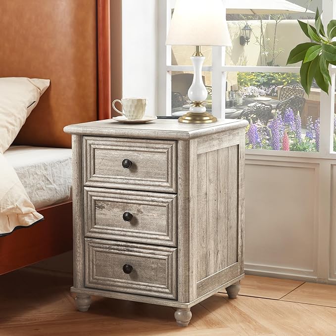 18" Farmhouse Night Stand Set 2 with Charger Station, Grey 2 & 3 Drawers Wood Nightstand, Bedside End Table with Storage and Roman Column, Bed Side Tables Cabinet for Bedroom, Living Room, and Closet