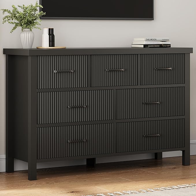 Fluted 7 Drawers Dresser for Bedroom, Modern Chest of Drawers with Metal Handle, Wood Dresser TV Stand, Wooden Closet Clothes Storage Organizer for Living Room, Hallway (Black)