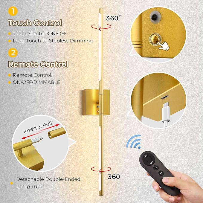 DORESshop Battery Operated Wall Sconces Set of Two with Remote Control, Rechargeable Wall Sconce, 350°Rotate Dimmable Wireless Wall Sconce for Living Room, Hallway, Bedroom, 29 Inch, Gold(2 Pack)