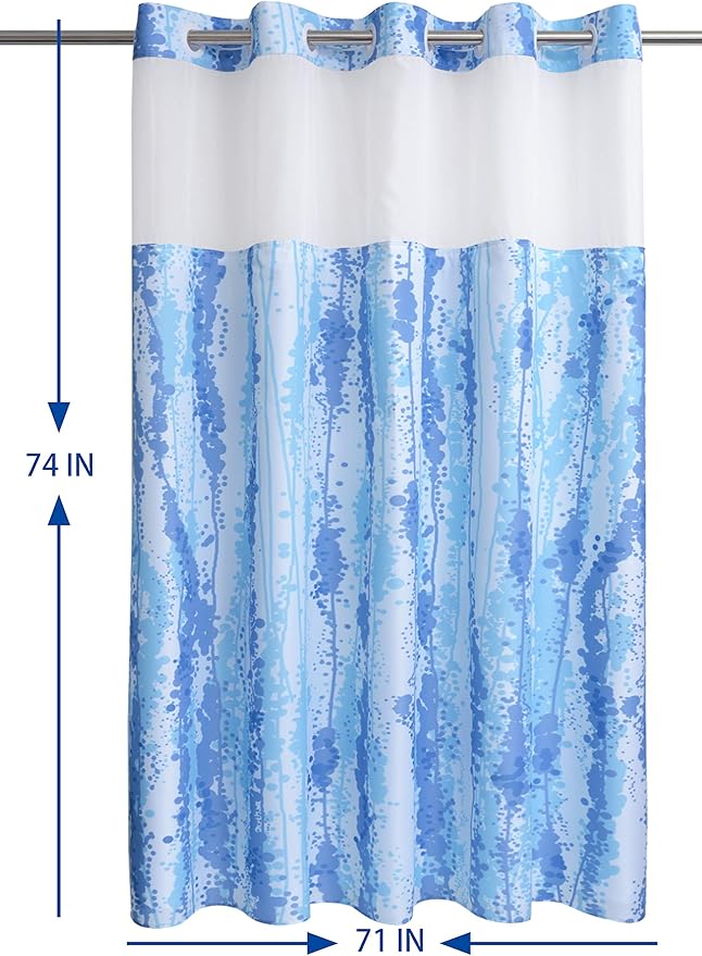 Conbo Mio No Hook Shower Curtain with Snap in Liner Set, Hotel Luxury Blue Shower Curtains for Bathroom with See Through Top Window, Waterproof, Washable 71W x 74H