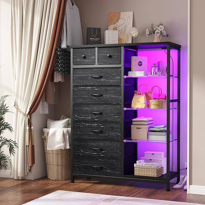 EnHomee Dresser for Bedroom with LED Lights & Power Outlets Tall Dresser with 8 Drawers Fabric Dressers & Chests of Drawers for Bedroom, Closet, Sturdy Metal Frame, Acrylic Plates (Charcoal Black)