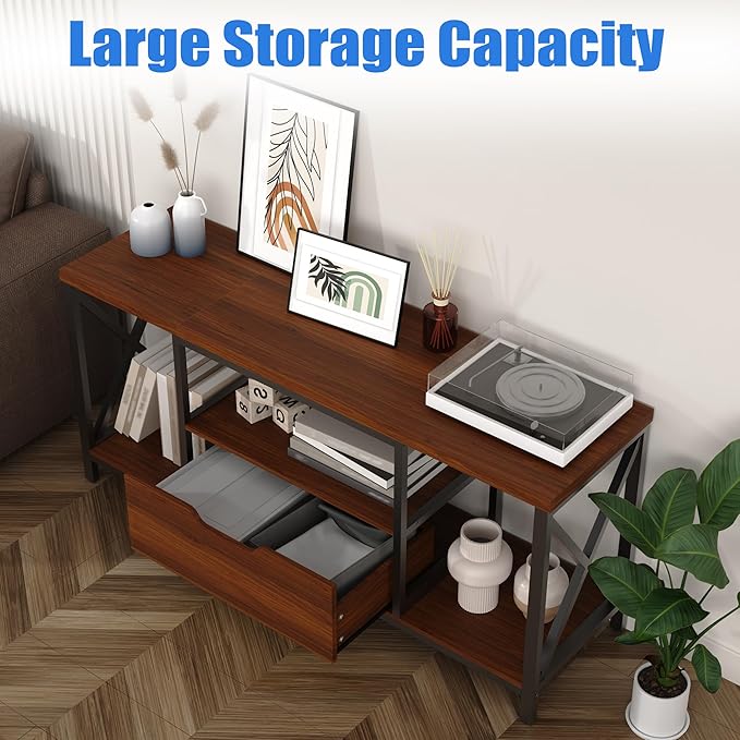 TV Stand with Drawer for TVs up to 60 Inch, Industrial TV Console Table with Open Storage Shelves, Modern Entertainment Center for Living Room, Brown