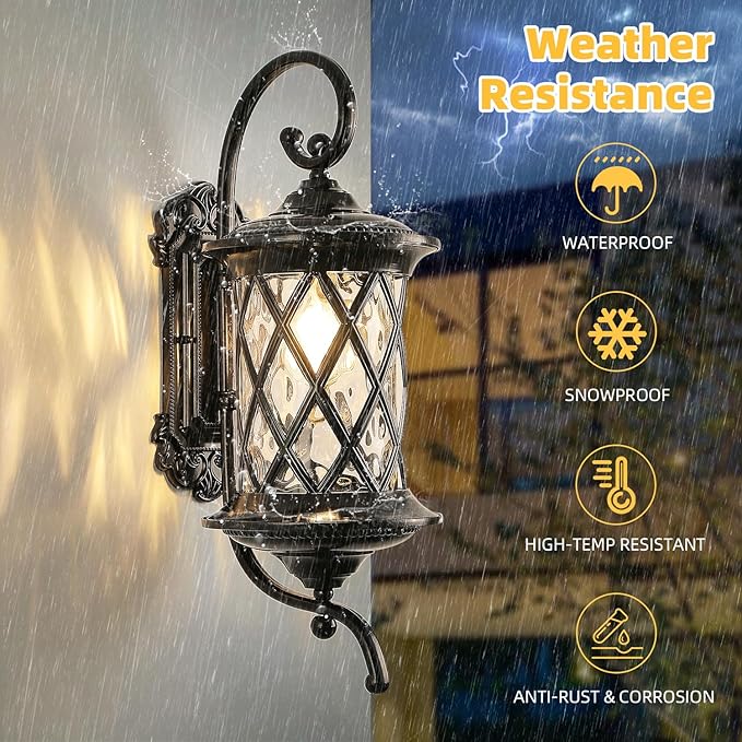 Retro Large Outdoor Wall Lanterns 24" Exterior Light Fixtures Coach Light Waterproof Aluminium with Water Glass Outside Wall Lamps for House Front Door Garage Porch Lighting, Black