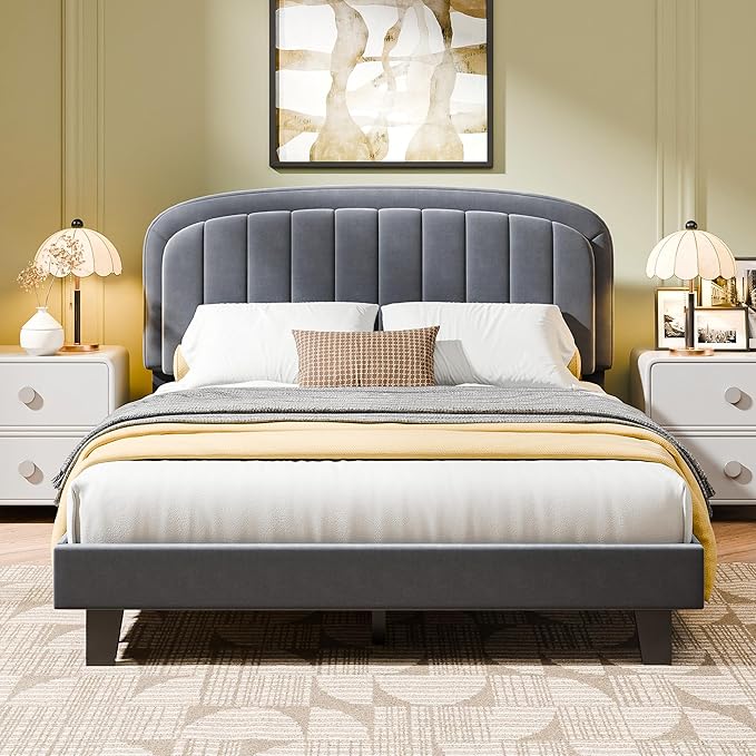 Cozy Castle Full Size Bed Frame, Upholstered Platform Bed with Velvet Adjustable Curved Headboard, Mattress Foundation with Strong Wooden Slats, No Box Spring Needed, Easy Assembly, Gray