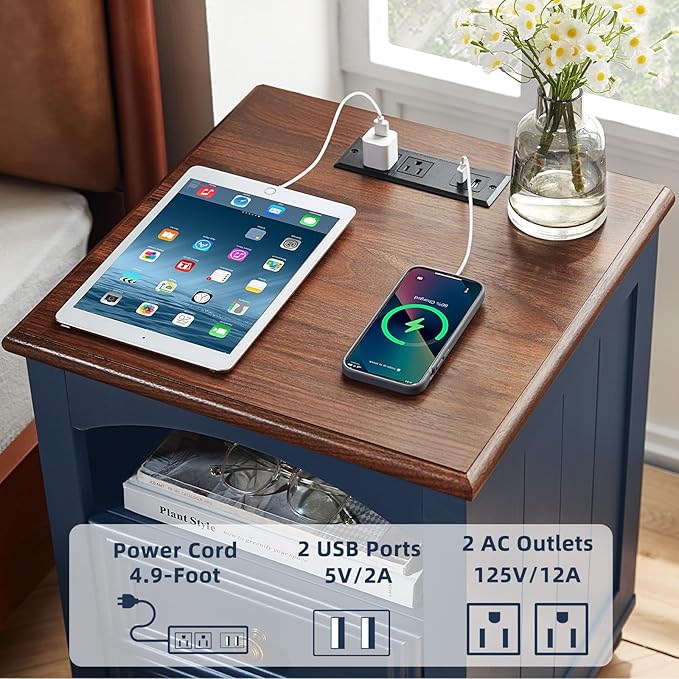 18" Farmhouse Night Stand Set 2 with Charger Station, Blue 2 & 3 Drawers Wood Nightstand, Bedside End Table with Storage and Roman Column, Bed Side Tables Cabinet for Bedroom, Living Room, and Closet