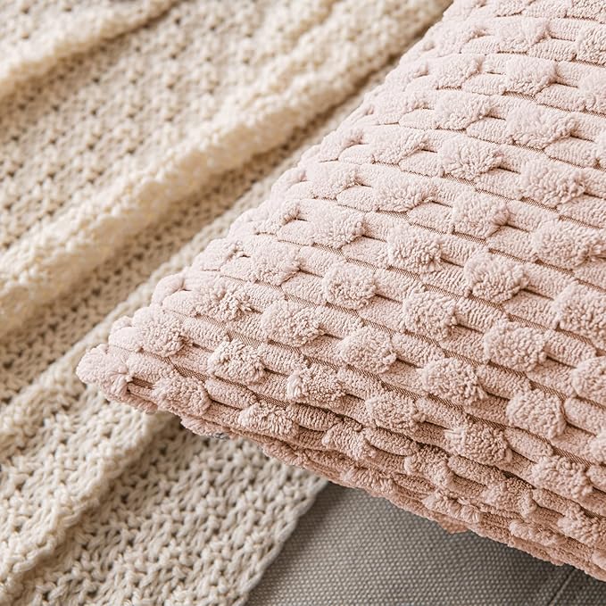 MIULEE Throw Pillow Covers Soft Corduroy Decorative Set of 2 Boho Striped Pillow Covers Pillowcases Farmhouse Home Decor for Couch Bed Sofa Living Room Spring 18x18 Inch Pink