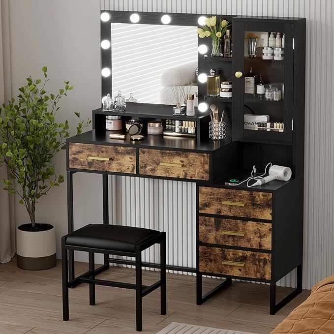 GarveeHome Large Makeup Vanity and Stool, Vanity Desk with Mirror and Lights, Makeup Table with Charging Station, Vanity Table with Drawers and LED Bulbs, Black