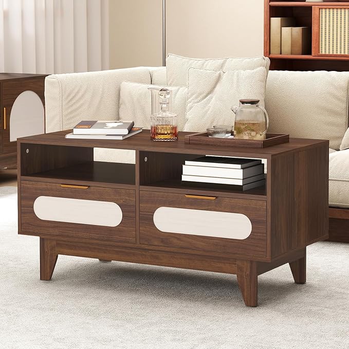 CANMOV Coffee Table and TV Stand Set of 2, Mid Century Modern TV Console for 60-70 inch TV, 39 inch Coffee Table with Storage & 4 Drawers for Bedroom, Living Room (Walnut)