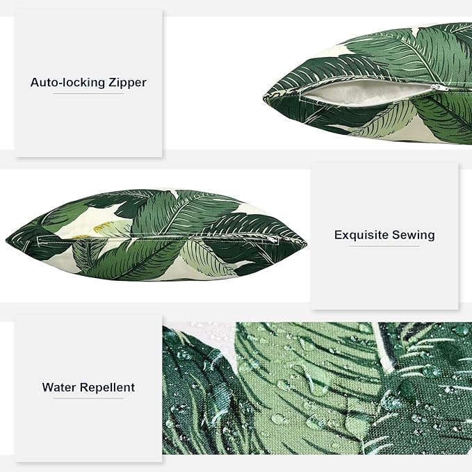 Outdoor Throw Pillows with Inners, All Weather Patio Pillows Set of 2, Square Pillows Decorative for Home Garden Furniture, 20x20 Inch, Swaying Palms Green