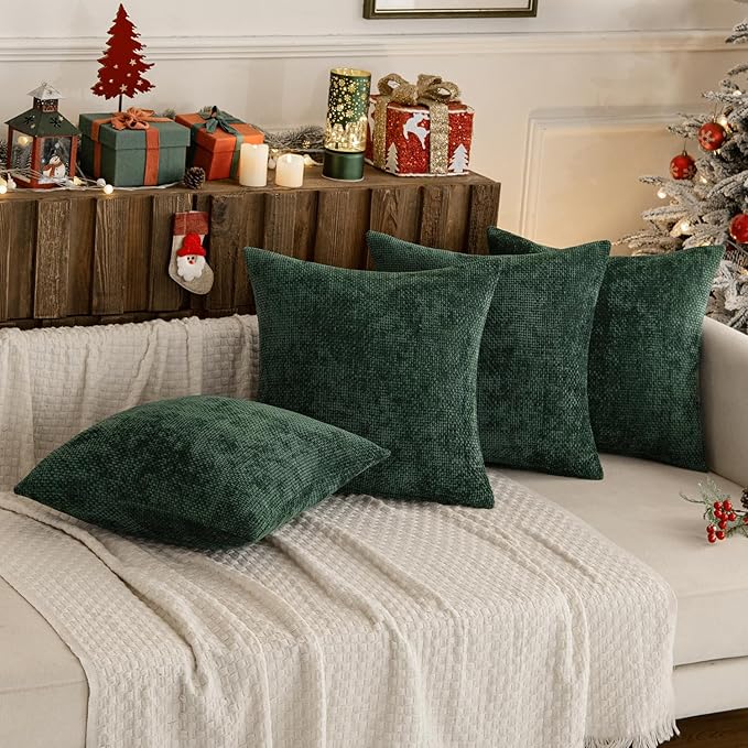 MIULEE Christmas Pack of 4 Couch Throw Pillow Covers 16x16 Inch Green Soft Decorative Chenille Pillow Covers Farmhouse Accent Cushion Covers for Boho Home Decor Sofa Bedroom Living Room