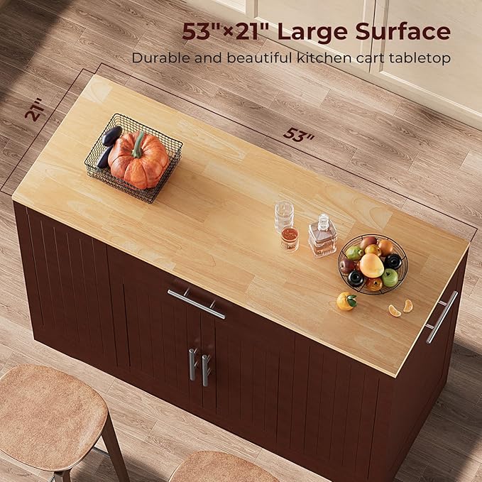 53" Long Kitchen Island with Trash Can Storage, Walnut Kitchen Cart with Garbage Bin 10 Gallon, Portable Island with Trash Can, Wood Top, Spice Rack and Drawers