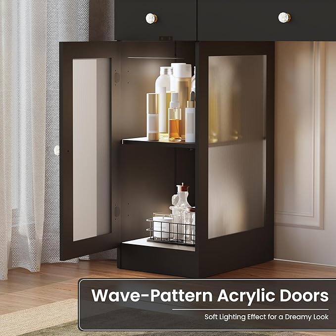 Pamapic Makeup Vanity with Lighted Mirror, Glass Top Vanity Desk with Power Outlet, 3-Drawer Black Vanity Table with 3 Color Modes Adjustment, Makeup Desk