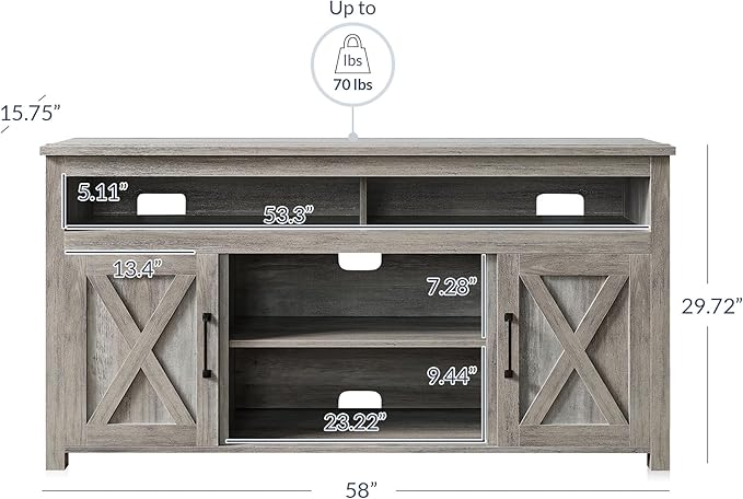 BELLEZE Modern 58 Inch Barn Door Wood TV Stand & Media Entertainment Center Console Table for TVs up to 65 Inches with Two Open Shelves and Cabinets - Corin (Gray Wash)