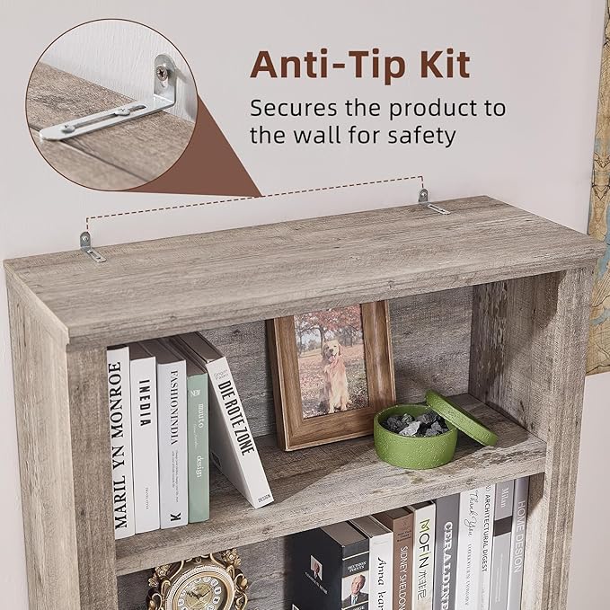 70" Grey Tall Bookshelf,5-Tier Thick Wooden Book Shelf with Adjustable Shelves,Free Standing Farmhouse Bookcase with Open Display Storage,Floor Vintage Bookshelves for Living Room,Office