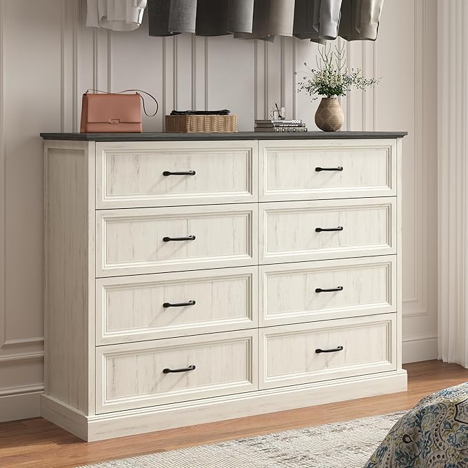 Farmhouse Dresser and Nightstand Sets 3 Piece, Nightstands Set of 2 & 8 Drawers Dresser for Bedroom, 55" Wide and 24" Inch Night Stand Set for Bedroom, Living Room, Hallway, White