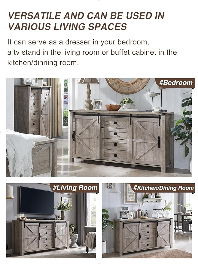 T4TREAM 60'' Farmhouse Dresser Chests for Bedroom w/4 Drawers & Sliding Barn Doors, Tall Chest of Drawers, Rustic Dresser TV Stand,Organizer for Bedroom, Living Room, Light Rustic Oak