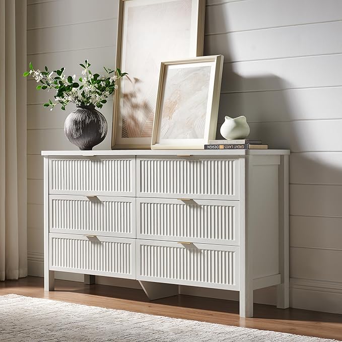 Fluted 6 Drawers Dresser for Bedroom, 55 Inch Wide Modern Wood Chest of Drawers, Mid Century Chests Drawer Clothing Organizer for Hallway (White)