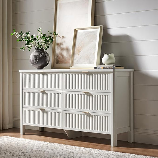 Fluted 6 Drawers Dresser for Bedroom, 55 Inch Wide Modern Wood Chest of Drawers, Mid Century Chests Drawer Clothing Organizer for Hallway (White)