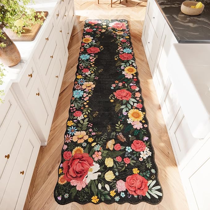 Hallway Rug 2'6''x10' Long Washable Floral Hallway Runner Rug Boho Vintage Low Pile Carpet for Entryway, Laundry Room High Traffic Areas, Indoor Rug for Bathroom (Black