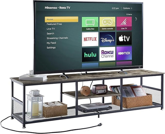 VECELO TV Stand with Power Outlets for Televisions up to 80Inch, 70" Media Entertainment Center with Charging Station 3-Tier Open Storage Shelves with Metal Frame for Living Room/Bedroom，Grey