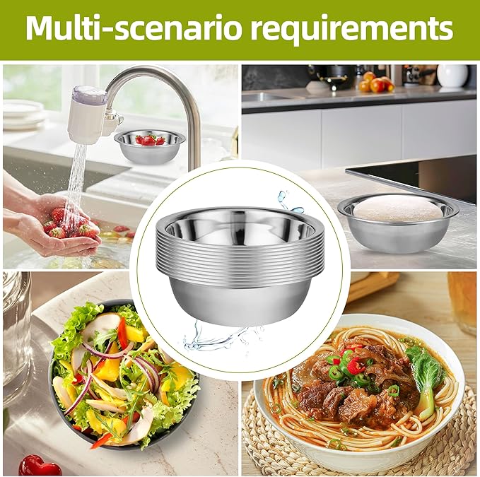 10 Pcs 11 x 3 Inch Stainless Steel Mixing Bowls for Bulk Food Prep with Nesting Design for Hotel Restaurant and Home Kitchen Cooking in Silver