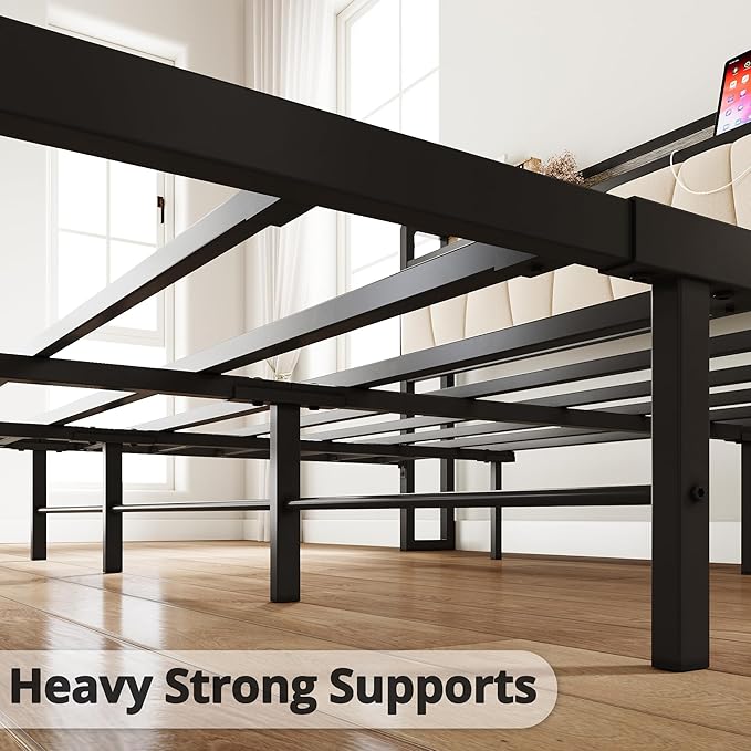 LIKIMIO California King Bed Frame, Storage Headboard with Charging Station, Solid and Stable, Noise Free, No Box Spring Needed, Easy Assembly (Walnut and Beige)