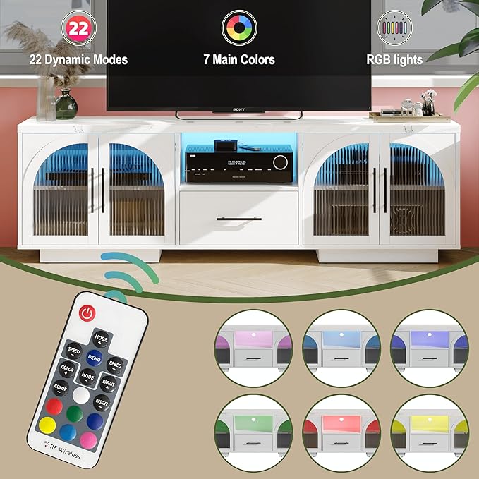 70" TV Stand for 75 Inch TVs, Modern Entertainment Center with LED Lights and Arched Glass Doors, Faux Marble Wood Finish, Adjustable Shelves, TV Cabinet for Living Room, White