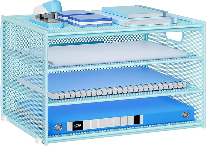 Lavatino 3-Tier Letter Tray Desk Organizer, Mesh Metal Paper File Tray Organizer for Desk, Office Supplies & Home Organization, Fits A4 Paper, Mail, Magazines & Office Accessories (Blue with Handle)