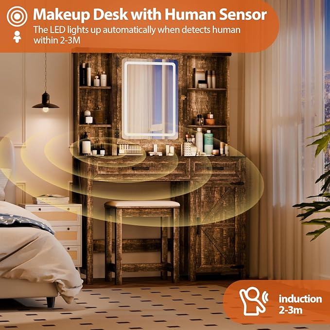 Makeup Vanity, Farmhouse Vanity with Mirror & Generous Clear Glass Countertop, 40'' Intelligent Makeup Desk with Multi-Functional Charging Station & Human Body Sensing LED Lights, Brown