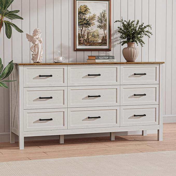 LYNSOM Farmhouse 9 Drawers Dresser for Bedroom, 55" Wide Wood Rustic Chest of Drawers with Natural Texture, Metal Handle, Storage Dressers Organizer for Entryway, Hallway, Antique White