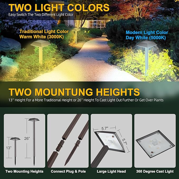 Bobcat Solar Landscape Pathway Lights Super Bright with 2-in-1 Warm White and Daylight Modes, Solar Lights for Outdoor Path, Sidewalk, Driveway, or Walk Way, Dark Brown(4 Pack)