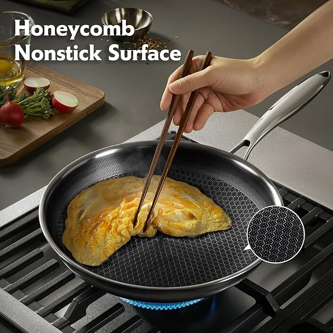 9-Inch Non Stick Frying Pans, Stainless Steel Skillet with Honey Design, Non Toxic Frying Pan with Cool-Touch Handle, Dishwasher Safe, Easy Use in the Kitchen
