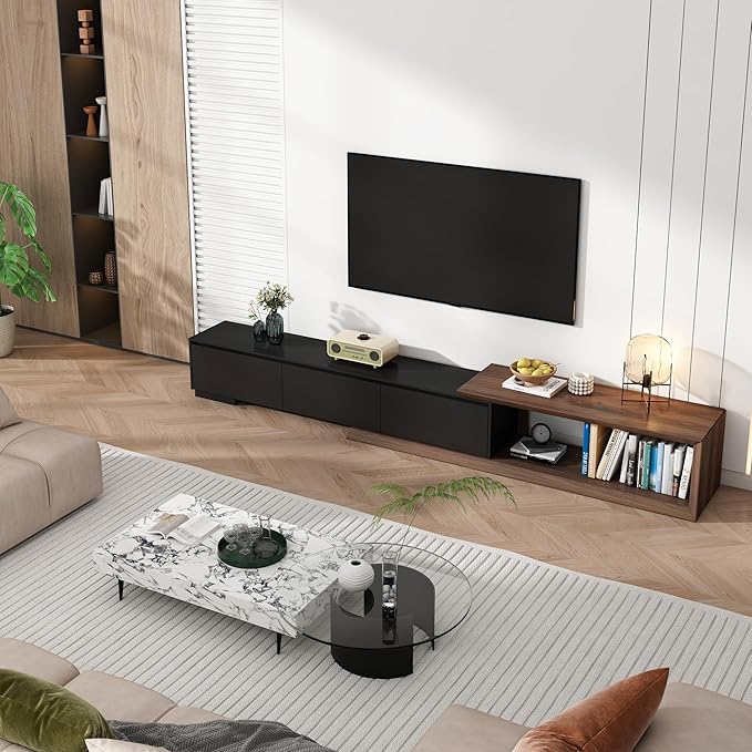 Extendable TV Stand with 3 Drawers, Modern Minimalist Entertainment Center, Reversible Long TV Media Console, Bevel Design, 82-107.3 Inch, Black & Walnut