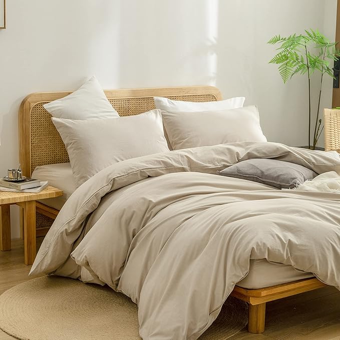 BESTOUCH Duvet Cover Set 100% Washed Cotton Linen Feel Super Soft Comfortable Chic Lightweight 2 PCs Home Bedding Set Solid Almond Milk Grey Twin/Twin XL