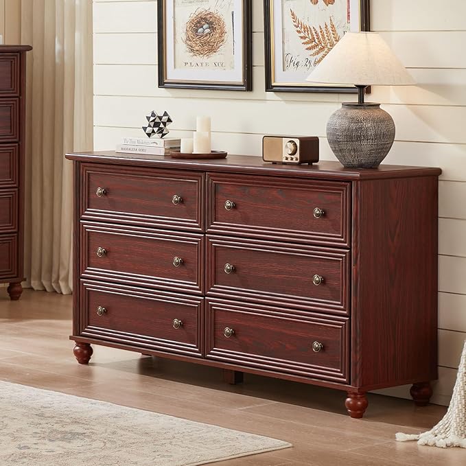 6 Drawers Dresser for Bedroom, Farmhouse 54" Wide Wood Dressers Chest of Drawers, Vintage Design TV Stand, Rustic Storage Dresser Organizer with Metal Handle Closet for Living Room, Hallway