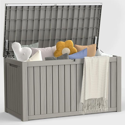 180 Gallon Outdoor Storage Box, Waterproof Deck Box with Handles and Lockable Lid, Resin Patio Storage Box with Hydraulic Rods for Garden Tools, Cushions, Grey