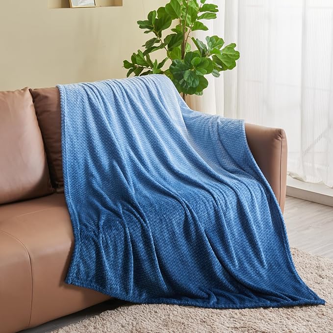 NEWCOSPLAY Super Soft Throw Blanket Ombre Blue Premium Silky Flannel Fleece Leaves Pattern Lightweight Bed Blanket All Season Use (Ombre Blue, Throw(50"x60"))