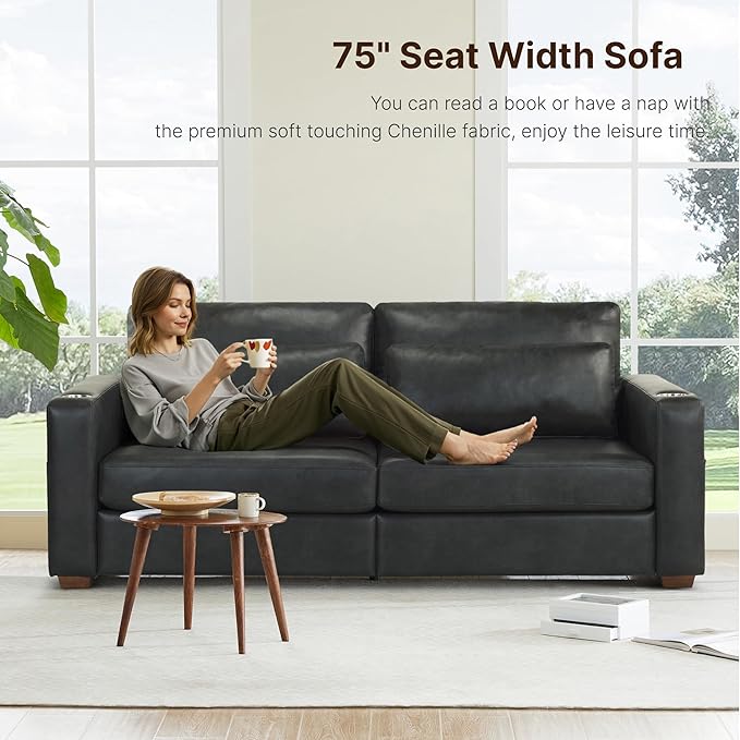 89" Sofa Couch for Living Room Faux Leather Upholstered Couch with Deep Seats and Wide Armrests 3 Seater Comfy Sofa with Cup Holders, USB & Type-C Ports, Spring Cushion, Solid Wood Frame Black