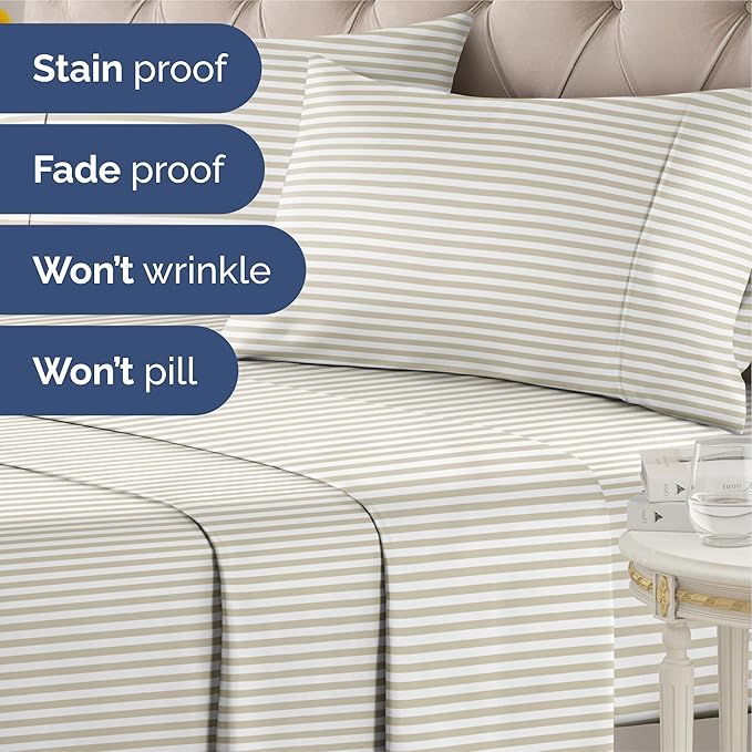 Striped Sheets - Grey Striped Sheets - 1 Flat & 1 Fitted & 2 Pillowcases w/ Deep Pockets – Wrinkle & Fade Free - Ultra-Soft, Breathable and Cooling – Luxury Pinstripe Bedding - Cal King Size Bed Set