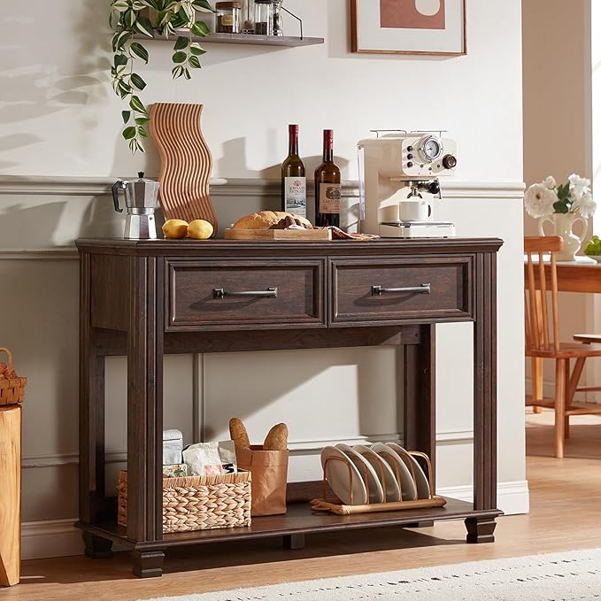 Farmhouse 46" Console Table with 2 Drawers, Rustic Wood 2 Tier Entryway Table with Open Storage Shelf for Entry, Large Mid-Century Vintage Sofa Tables Behind Couch for Living Room, Walnut