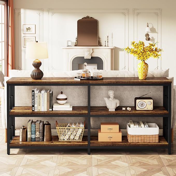 LITTLE TREE Console Table with Storage Shelves, 70.9" Industrial 3-Tier Sofa Table for Living Room, Long Foyer Table Entryway Table for Hallway, Front Door, Entrance, Rustic Brown & Black