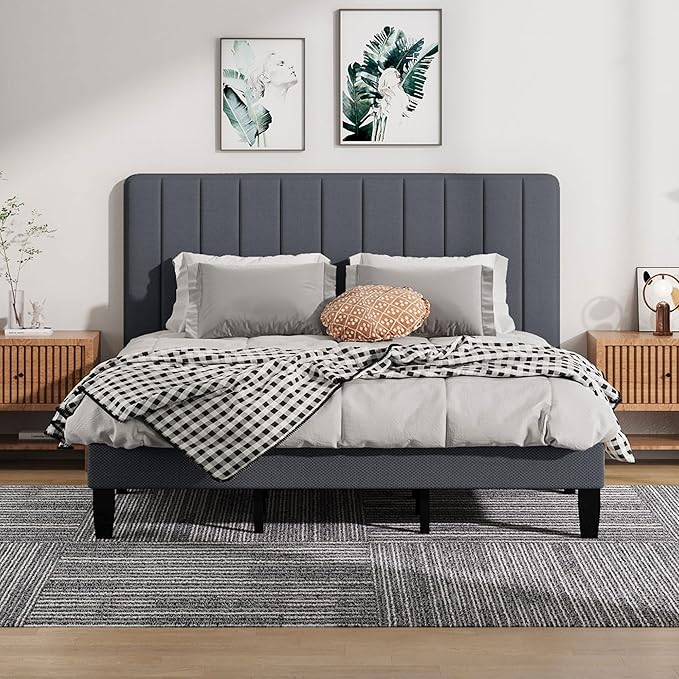 King Size Bed Frame, Upholstered Platform King Bed Frame with Fabric Headboard and Wooden Slats Support,No Box Spring Needed/Non-Slip Without Noise/Easy Assembly, Dark Grey