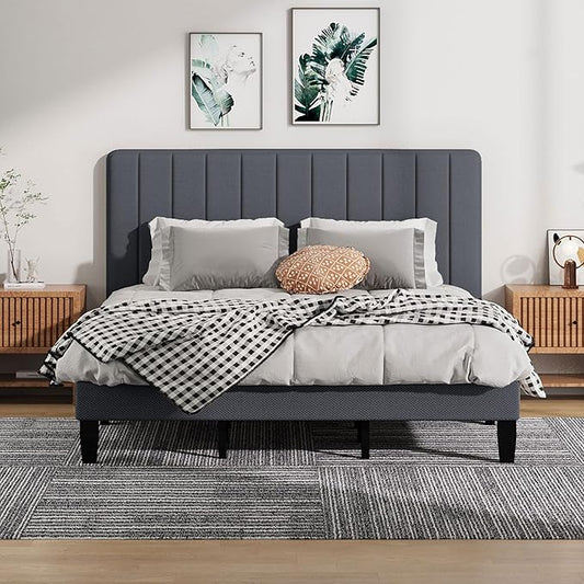 King Size Bed Frame, Upholstered Platform King Bed Frame with Fabric Headboard and Wooden Slats Support,No Box Spring Needed/Non-Slip Without Noise/Easy Assembly, Dark Grey